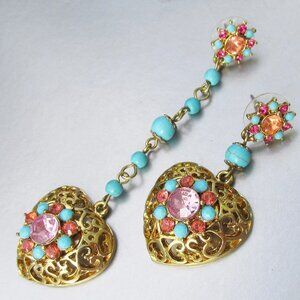 Retired Betsey Johnson TURQS & CAICOS Filigree Heart Dangle Mismatch Earrings